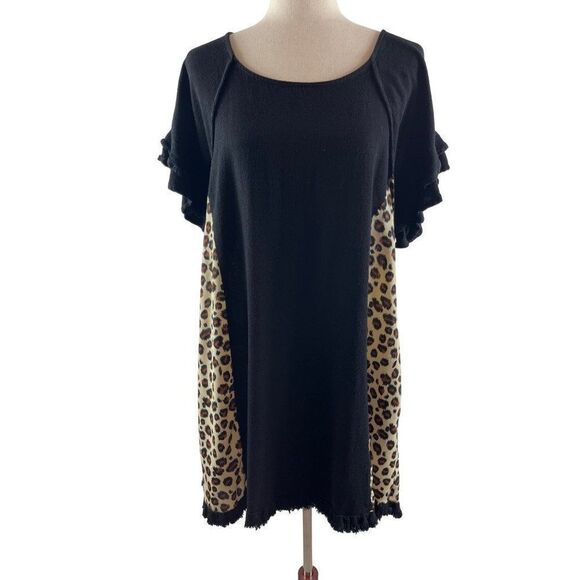 Umgee Cheetah Print Oversized Shift Dress Small Black Mixed Media Linen Blend - Picture 1 of 10